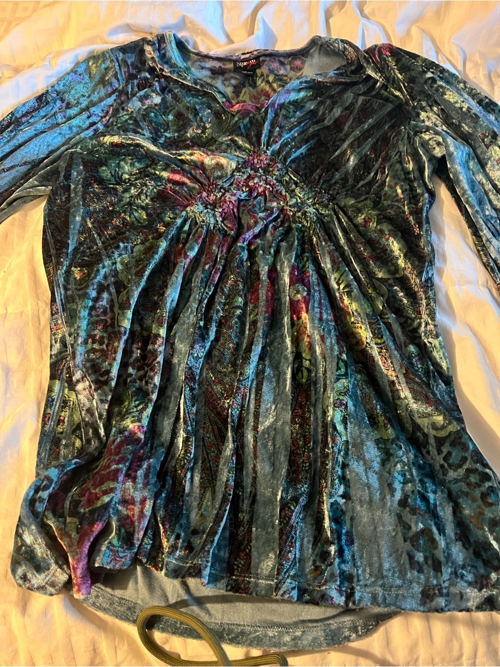 Style & Co. Velvet Long-Sleeve Top in Teal with Pink Accents